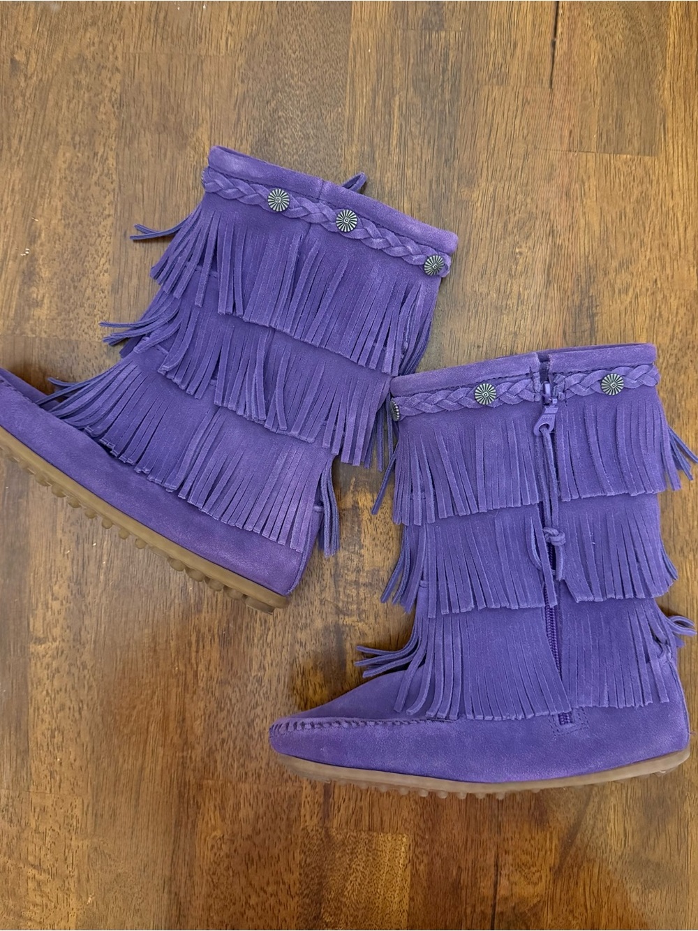 Minnetonka Purple Suede Fringe Kids Boots Sz 4 EEUC